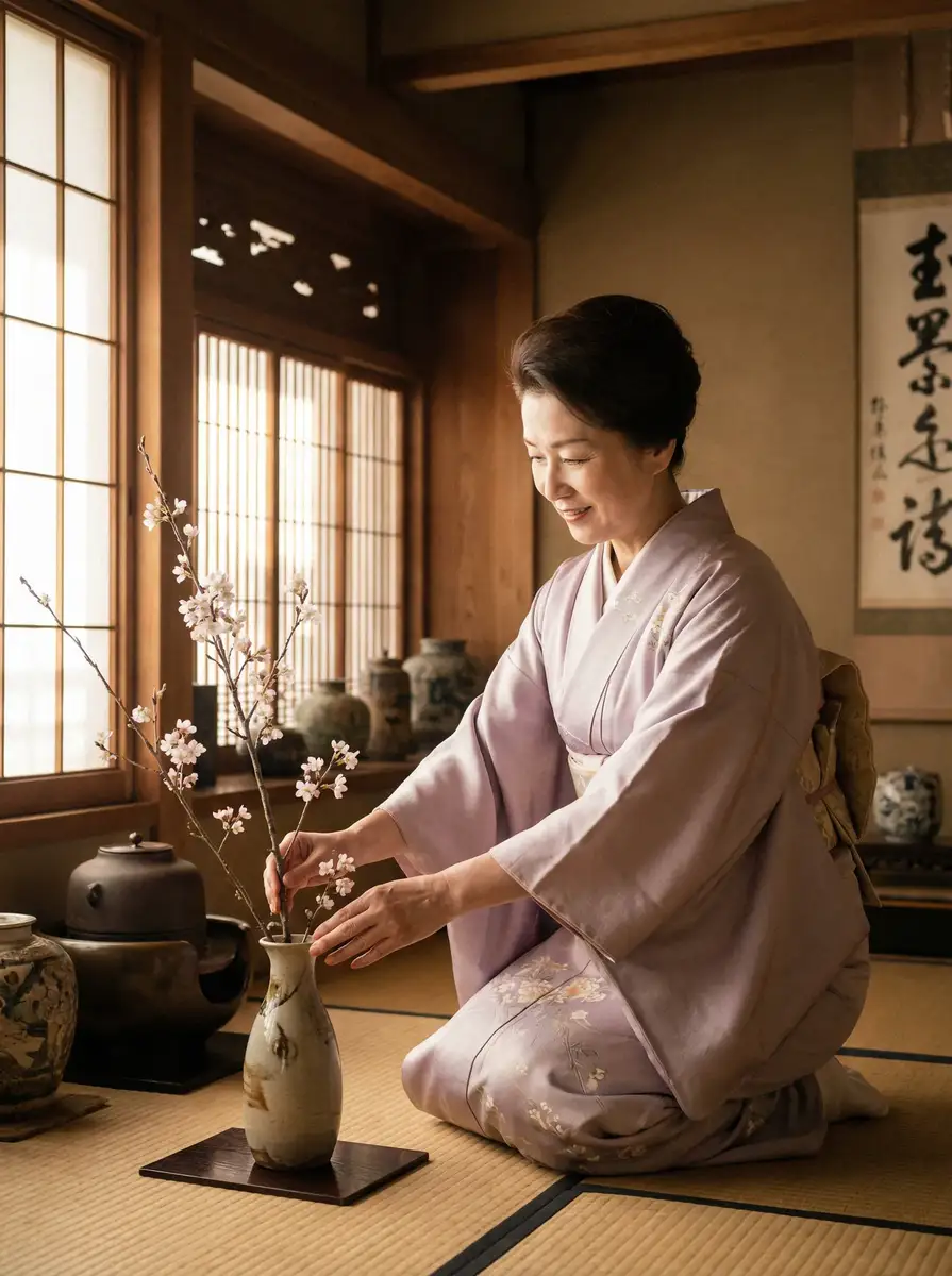一位优雅的 草莓100电影 在和室中插花